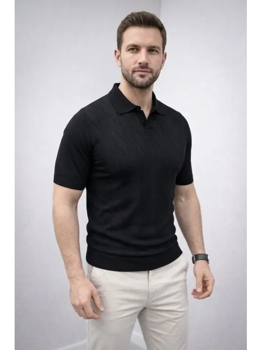Erkek Yazlık Triko Dokuma Tişört Kısa Kol Polo Yaka T-shirt - Siyah