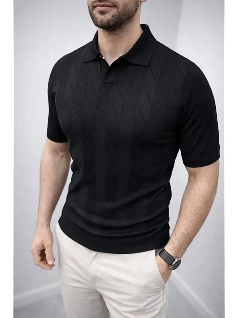 Erkek Yazlık Triko Dokuma Tişört Kısa Kol Polo Yaka T-shirt - Siyah
