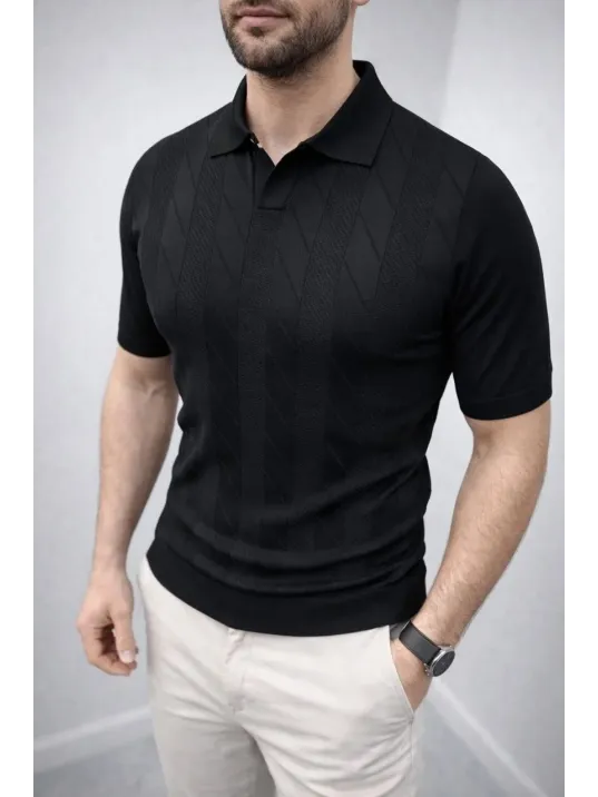 Erkek Yazlık Triko Dokuma Tişört Kısa Kol Polo Yaka T-shirt - Siyah