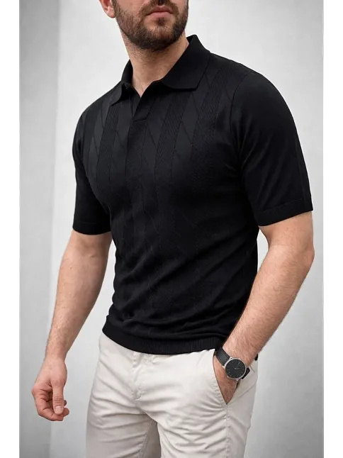 Erkek Yazlık Triko Dokuma Tişört Kısa Kol Polo Yaka T-shirt - Siyah