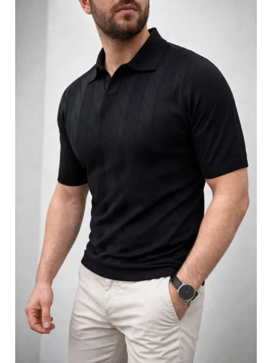 Erkek Yazlık Triko Dokuma Tişört Kısa Kol Polo Yaka T-shirt - Siyah