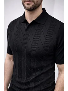 Erkek Yazlık Triko Dokuma Tişört Kısa Kol Polo Yaka T-shirt - Siyah