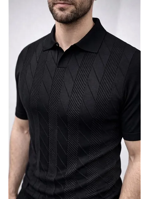 Erkek Yazlık Triko Dokuma Tişört Kısa Kol Polo Yaka T-shirt - Siyah