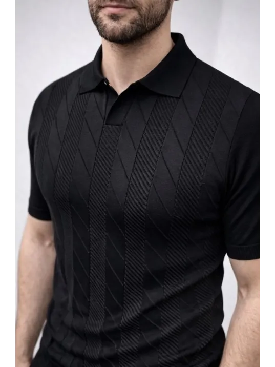 Erkek Yazlık Triko Dokuma Tişört Kısa Kol Polo Yaka T-shirt - Siyah