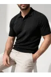 Erkek Yazlık Triko Dokuma Tişört Kısa Kol Polo Yaka T-shirt - Siyah
