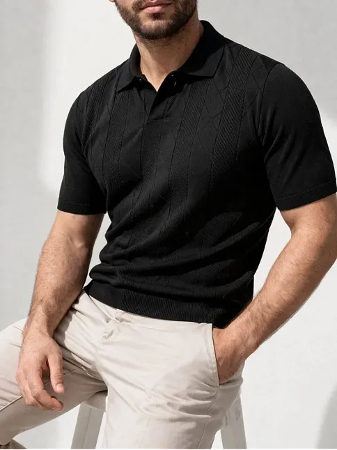 Erkek Yazlık Triko Dokuma Tişört Kısa Kol Polo Yaka T-shirt - Siyah
