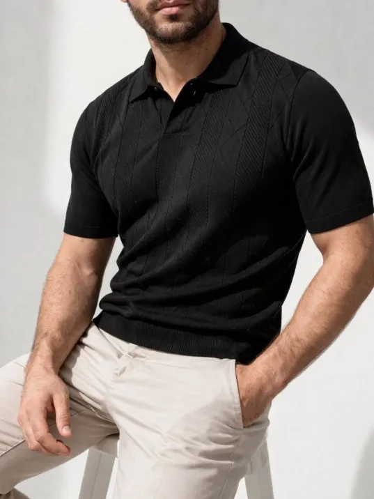 Erkek Yazlık Triko Dokuma Tişört Kısa Kol Polo Yaka T-shirt - Siyah