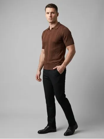 Erkek Yazlık Triko Dokuma Tişört Kısa Kol Polo Yaka T-shirt - Kahverengi Erkek Yazlık Triko Dokuma Tişört Kısa Kol Polo Yaka T-shirt - Kahverengi