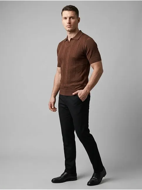 Erkek Yazlık Triko Dokuma Tişört Kısa Kol Polo Yaka T-shirt - Kahverengi