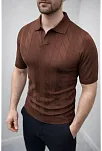 Erkek Yazlık Triko Dokuma Tişört Kısa Kol Polo Yaka T-shirt - Kahverengi