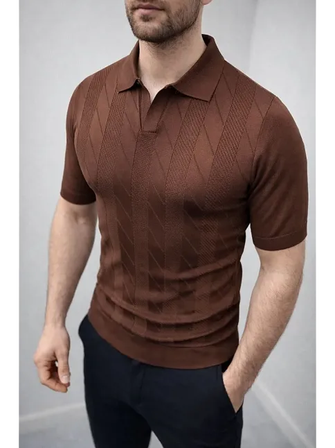 Erkek Yazlık Triko Dokuma Tişört Kısa Kol Polo Yaka T-shirt - Kahverengi
