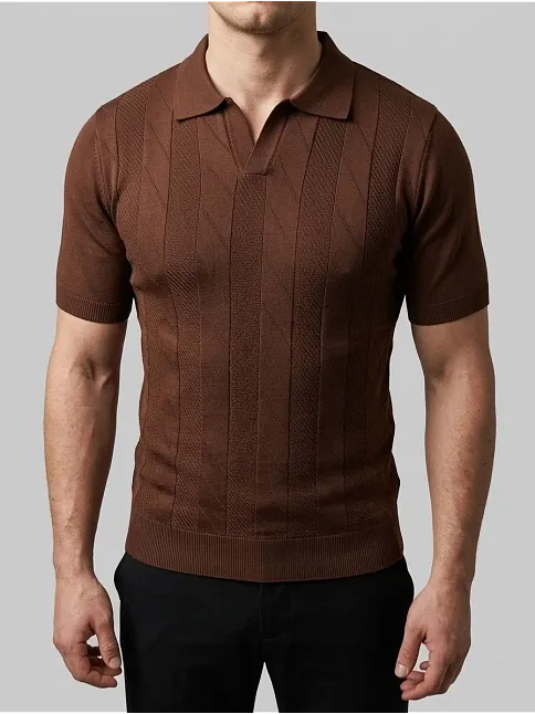 Erkek Yazlık Triko Dokuma Tişört Kısa Kol Polo Yaka T-shirt - Kahverengi