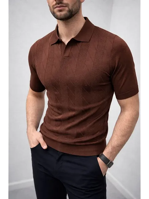 Erkek Yazlık Triko Dokuma Tişört Kısa Kol Polo Yaka T-shirt - Kahverengi