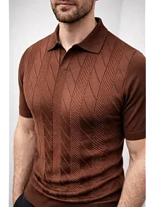 Erkek Yazlık Triko Dokuma Tişört Kısa Kol Polo Yaka T-shirt - Kahverengi