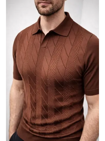 Erkek Yazlık Triko Dokuma Tişört Kısa Kol Polo Yaka T-shirt - Kahverengi