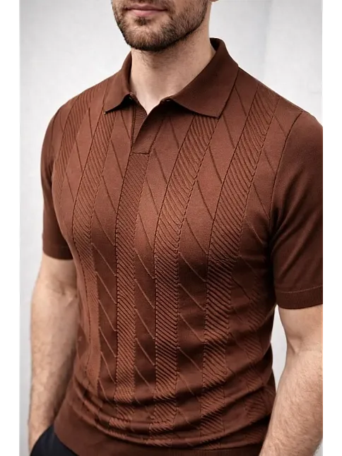 Erkek Yazlık Triko Dokuma Tişört Kısa Kol Polo Yaka T-shirt - Kahverengi