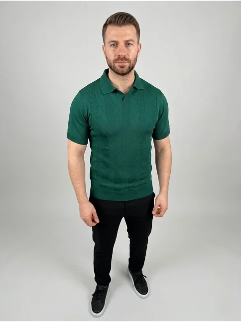 Erkek Yazlık Triko Dokuma Tişört Kısa Kol Polo Yaka T-shirt - Koyu Yeşil