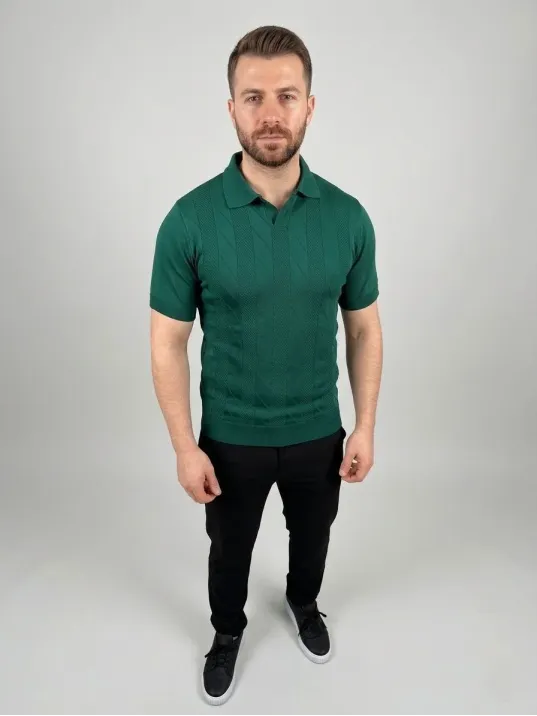Erkek Yazlık Triko Dokuma Tişört Kısa Kol Polo Yaka T-shirt - Koyu Yeşil