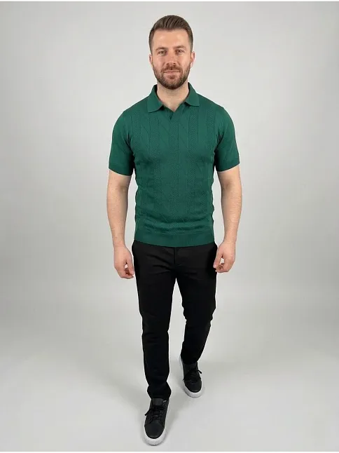 Erkek Yazlık Triko Dokuma Tişört Kısa Kol Polo Yaka T-shirt - Koyu Yeşil