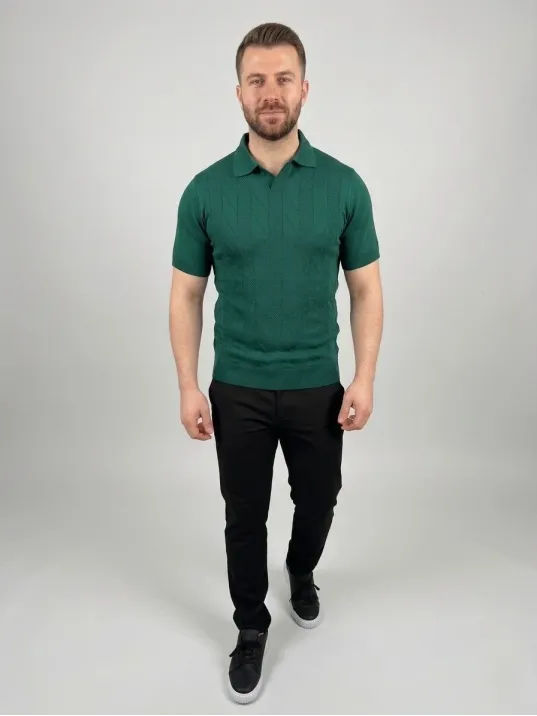 Erkek Yazlık Triko Dokuma Tişört Kısa Kol Polo Yaka T-shirt - Koyu Yeşil