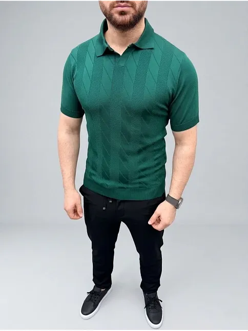 Erkek Yazlık Triko Dokuma Tişört Kısa Kol Polo Yaka T-shirt - Koyu Yeşil