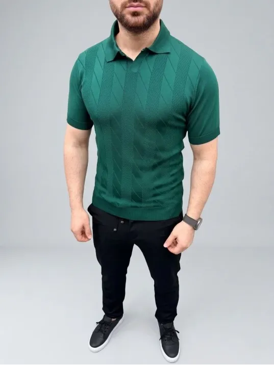 Erkek Yazlık Triko Dokuma Tişört Kısa Kol Polo Yaka T-shirt - Koyu Yeşil