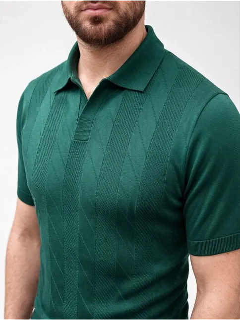 Erkek Yazlık Triko Dokuma Tişört Kısa Kol Polo Yaka T-shirt - Koyu Yeşil
