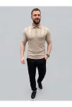 Erkek Yazlık Triko Dokuma Tişört Kısa Kol Polo Yaka T-shirt - Bej