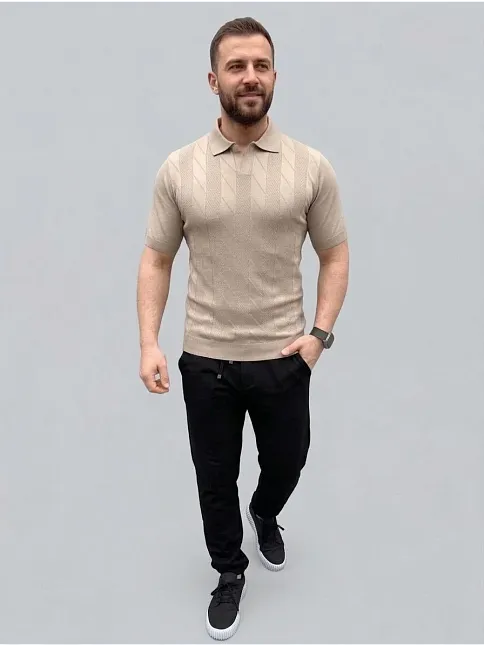 Erkek Yazlık Triko Dokuma Tişört Kısa Kol Polo Yaka T-shirt - Bej