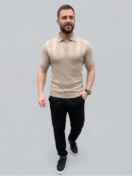 Erkek Yazlık Triko Dokuma Tişört Kısa Kol Polo Yaka T-shirt - Bej