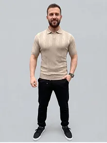 Erkek Yazlık Triko Dokuma Tişört Kısa Kol Polo Yaka T-shirt - Bej
