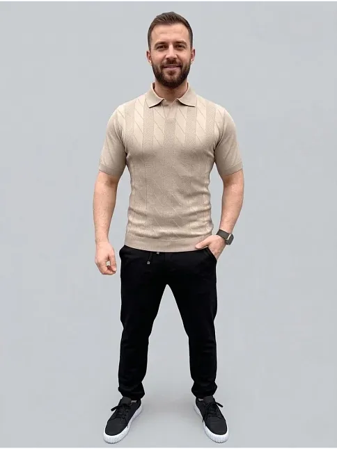 Erkek Yazlık Triko Dokuma Tişört Kısa Kol Polo Yaka T-shirt - Bej