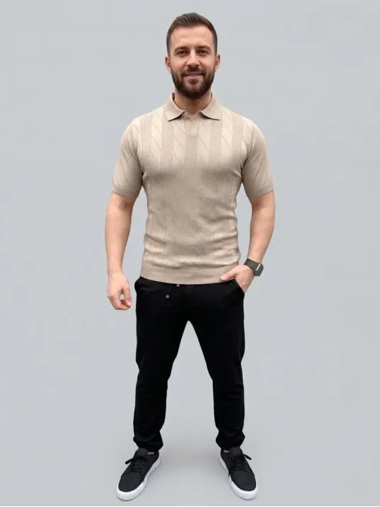 Erkek Yazlık Triko Dokuma Tişört Kısa Kol Polo Yaka T-shirt - Bej