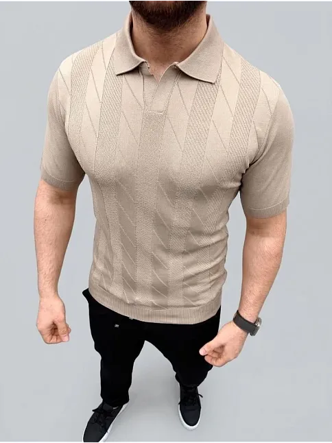 Erkek Yazlık Triko Dokuma Tişört Kısa Kol Polo Yaka T-shirt - Bej