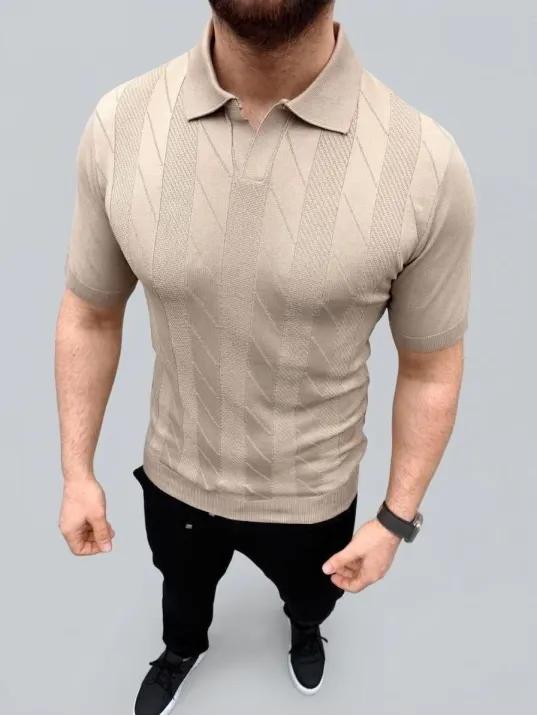 Erkek Yazlık Triko Dokuma Tişört Kısa Kol Polo Yaka T-shirt - Bej