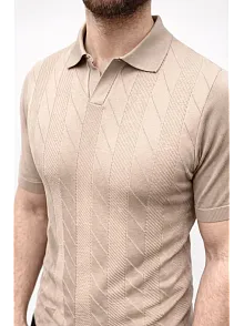 Erkek Yazlık Triko Dokuma Tişört Kısa Kol Polo Yaka T-shirt - Bej