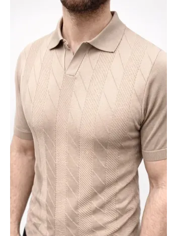 Erkek Yazlık Triko Dokuma Tişört Kısa Kol Polo Yaka T-shirt - Bej