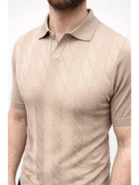 Erkek Yazlık Triko Dokuma Tişört Kısa Kol Polo Yaka T-shirt - Bej