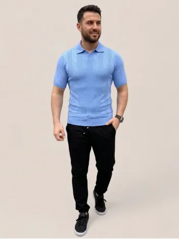 Erkek Yazlık Triko Dokuma Tişört Kısa Kol Polo Yaka T-shirt - Bebek Mavisi Erkek Yazlık Triko Dokuma Tişört Kısa Kol Polo Yaka T-shirt - Bebek Mavisi