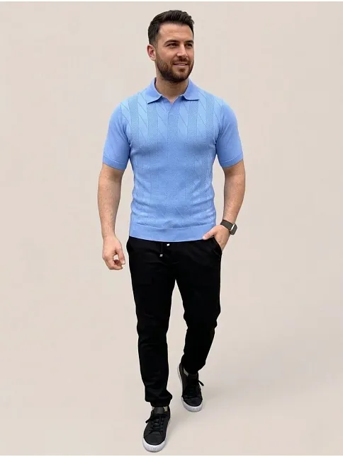 Erkek Yazlık Triko Dokuma Tişört Kısa Kol Polo Yaka T-shirt - Bebek Mavisi