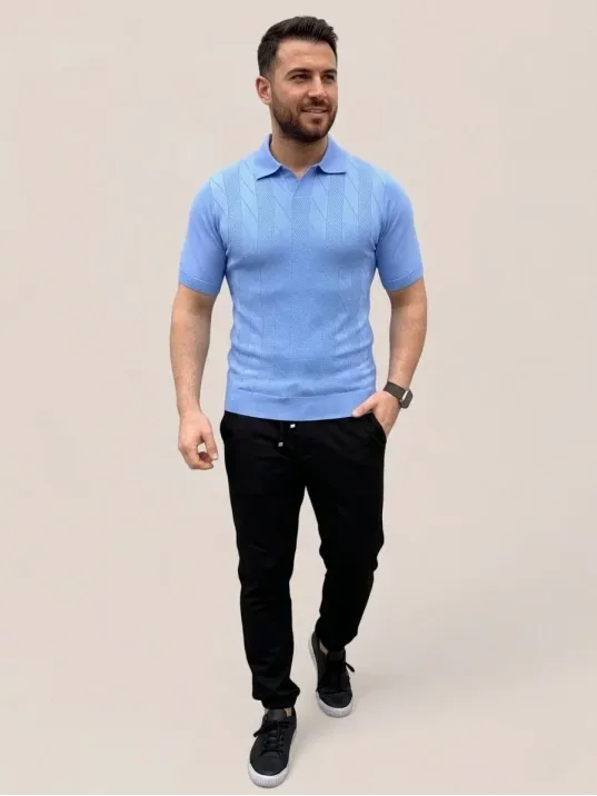 Erkek Yazlık Triko Dokuma Tişört Kısa Kol Polo Yaka T-shirt - Bebek Mavisi