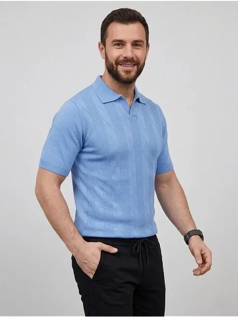 Erkek Yazlık Triko Dokuma Tişört Kısa Kol Polo Yaka T-shirt - Bebek Mavisi
