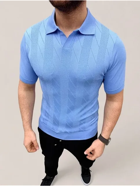 Erkek Yazlık Triko Dokuma Tişört Kısa Kol Polo Yaka T-shirt - Bebek Mavisi