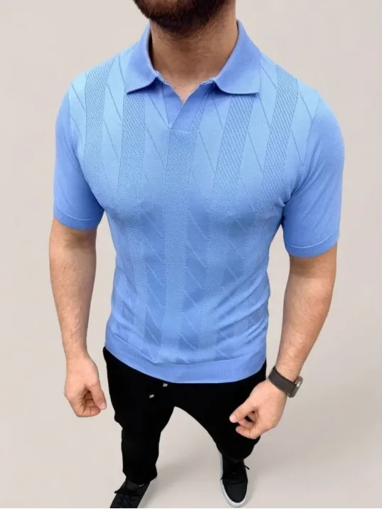 Erkek Yazlık Triko Dokuma Tişört Kısa Kol Polo Yaka T-shirt - Bebek Mavisi