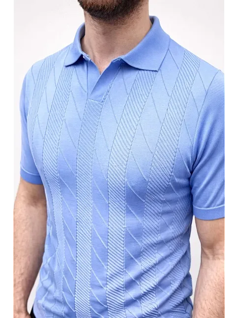 Erkek Yazlık Triko Dokuma Tişört Kısa Kol Polo Yaka T-shirt - Bebek Mavisi