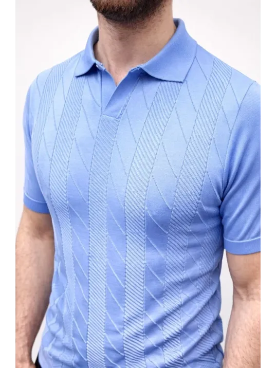 Erkek Yazlık Triko Dokuma Tişört Kısa Kol Polo Yaka T-shirt - Bebek Mavisi
