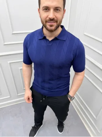 Erkek Yazlık Triko Dokuma Tişört Kısa Kol Polo Yaka T-shirt - Lacivert Erkek Yazlık Triko Dokuma Tişört Kısa Kol Polo Yaka T-shirt - Lacivert