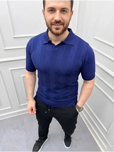 Erkek Yazlık Triko Dokuma Tişört Kısa Kol Polo Yaka T-shirt - Lacivert