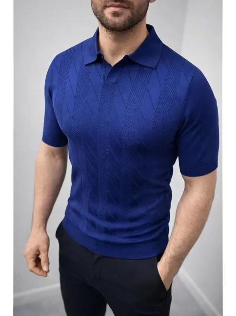 Erkek Yazlık Triko Dokuma Tişört Kısa Kol Polo Yaka T-shirt - Lacivert