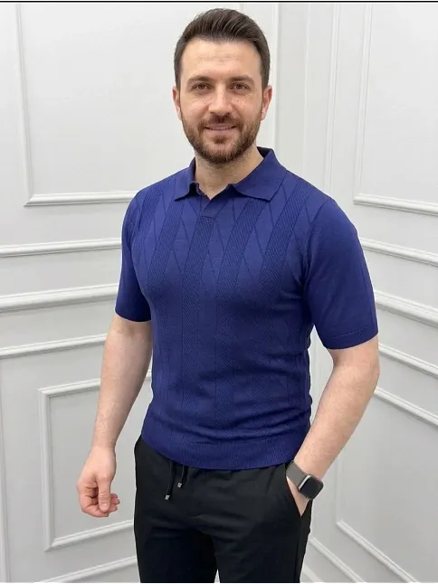 Erkek Yazlık Triko Dokuma Tişört Kısa Kol Polo Yaka T-shirt - Lacivert